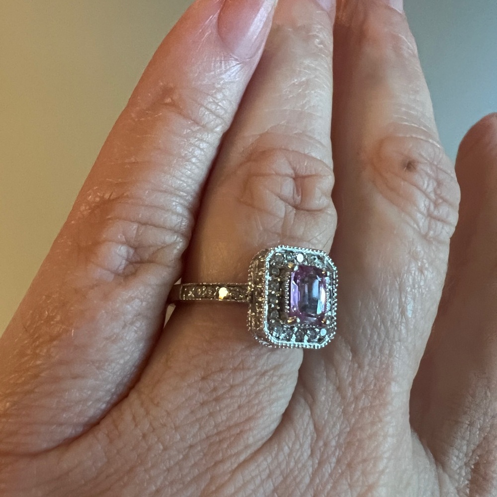 14k white gold pink sapphire and diamond ladies ring